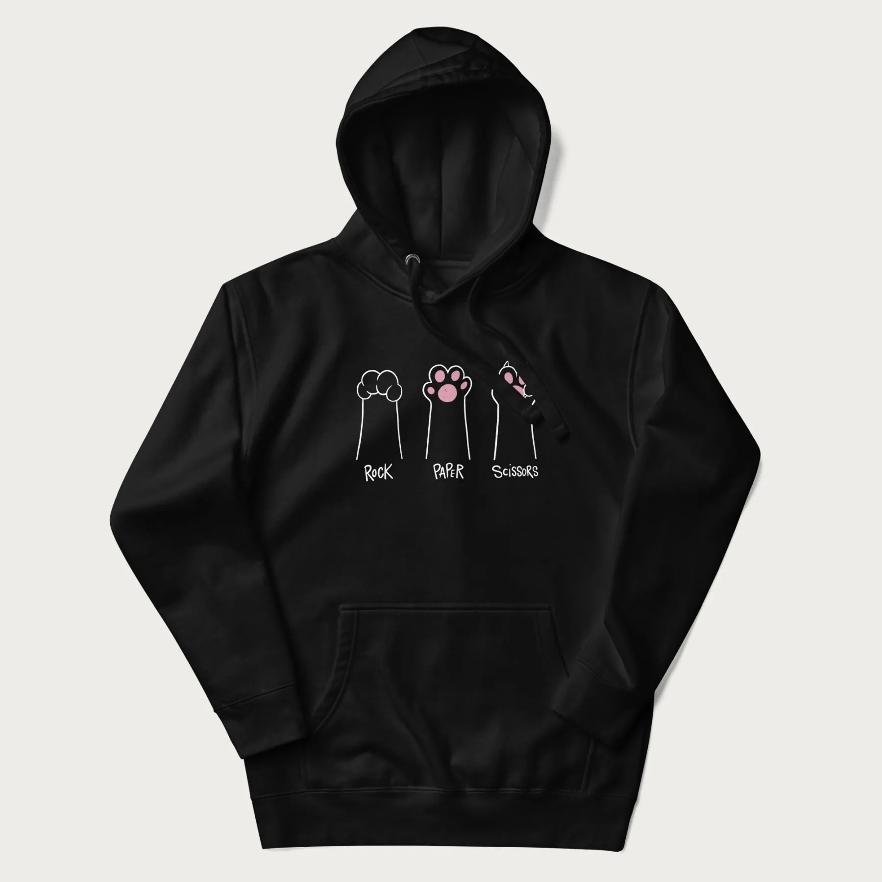 Black hoodie with graphic of cat paws playing rock-paper-scissors.