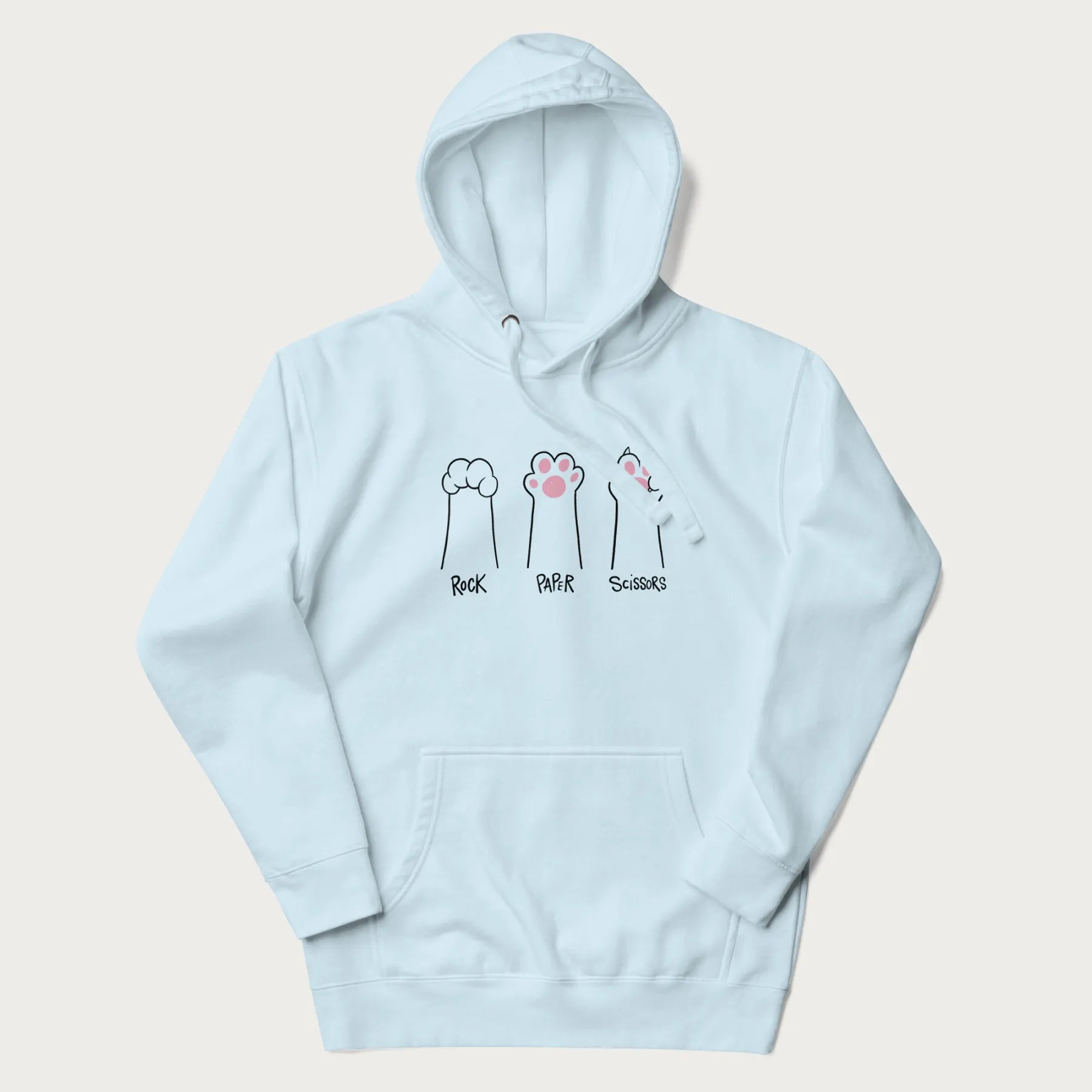 Light blue hoodie with graphic of cat paws playing rock-paper-scissors.