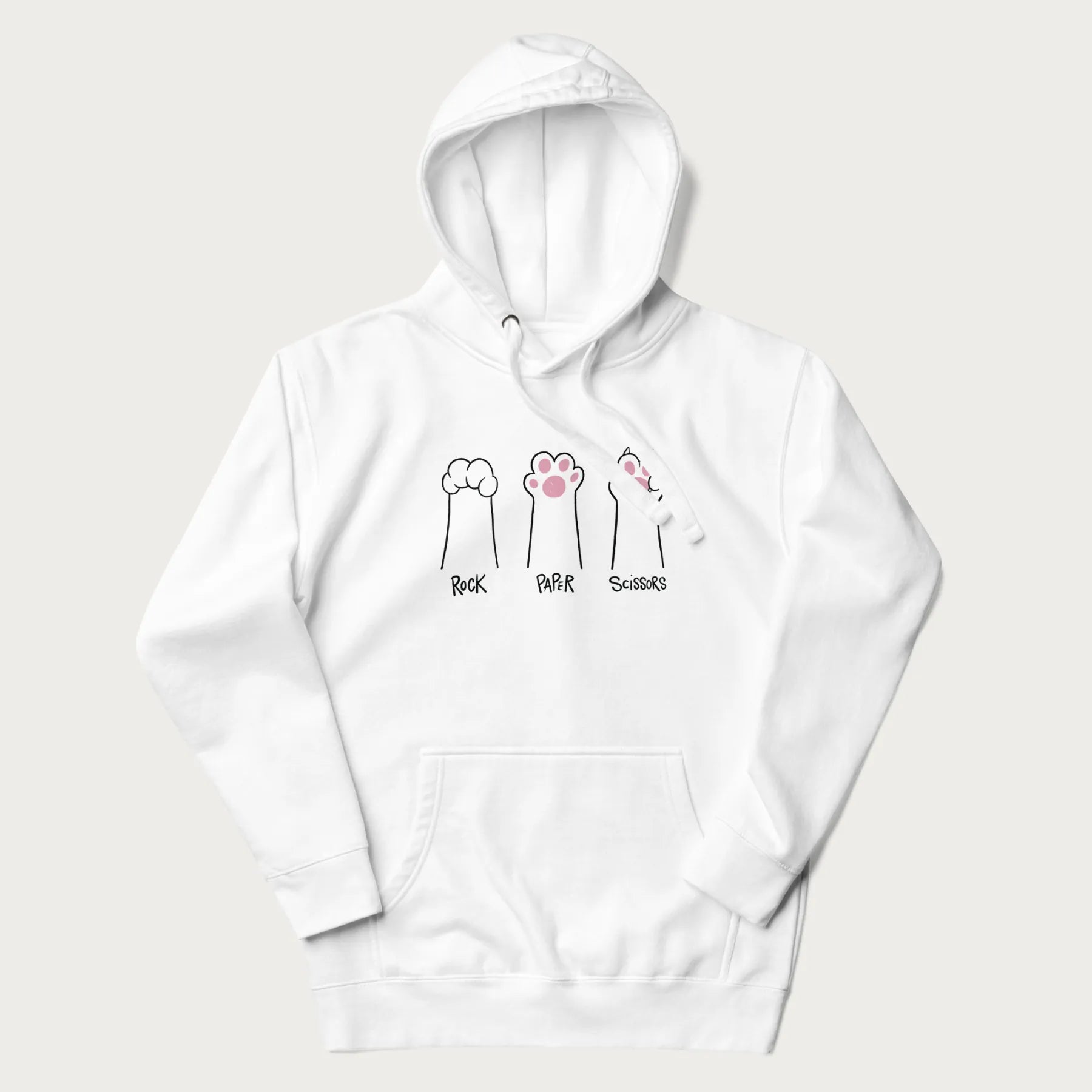 White hoodie with graphic of cat paws playing rock-paper-scissors.