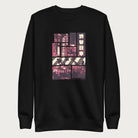 Black sweatshirt with a graphic panels of Shibuya's nightlife, featuring the iconic crosswalk, neon signs, and Japanese text.