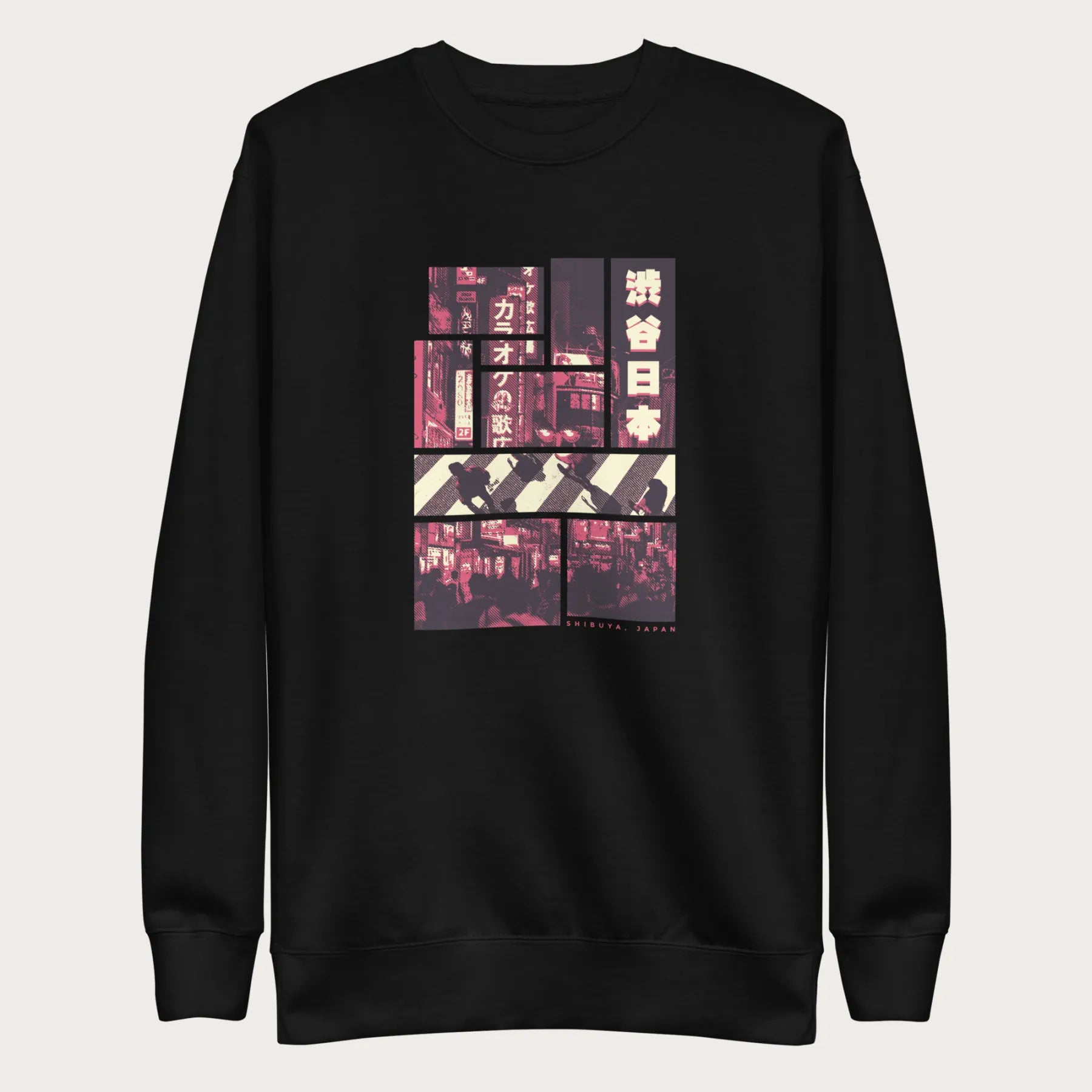 Black sweatshirt with a graphic panels of Shibuya's nightlife, featuring the iconic crosswalk, neon signs, and Japanese text.