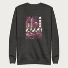 Dark grey sweatshirt with a graphic panels of Shibuya's nightlife, featuring the iconic crosswalk, neon signs, and Japanese text.