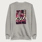 Light grey sweatshirt with a graphic panels of Shibuya's nightlife, featuring the iconic crosswalk, neon signs, and Japanese text.