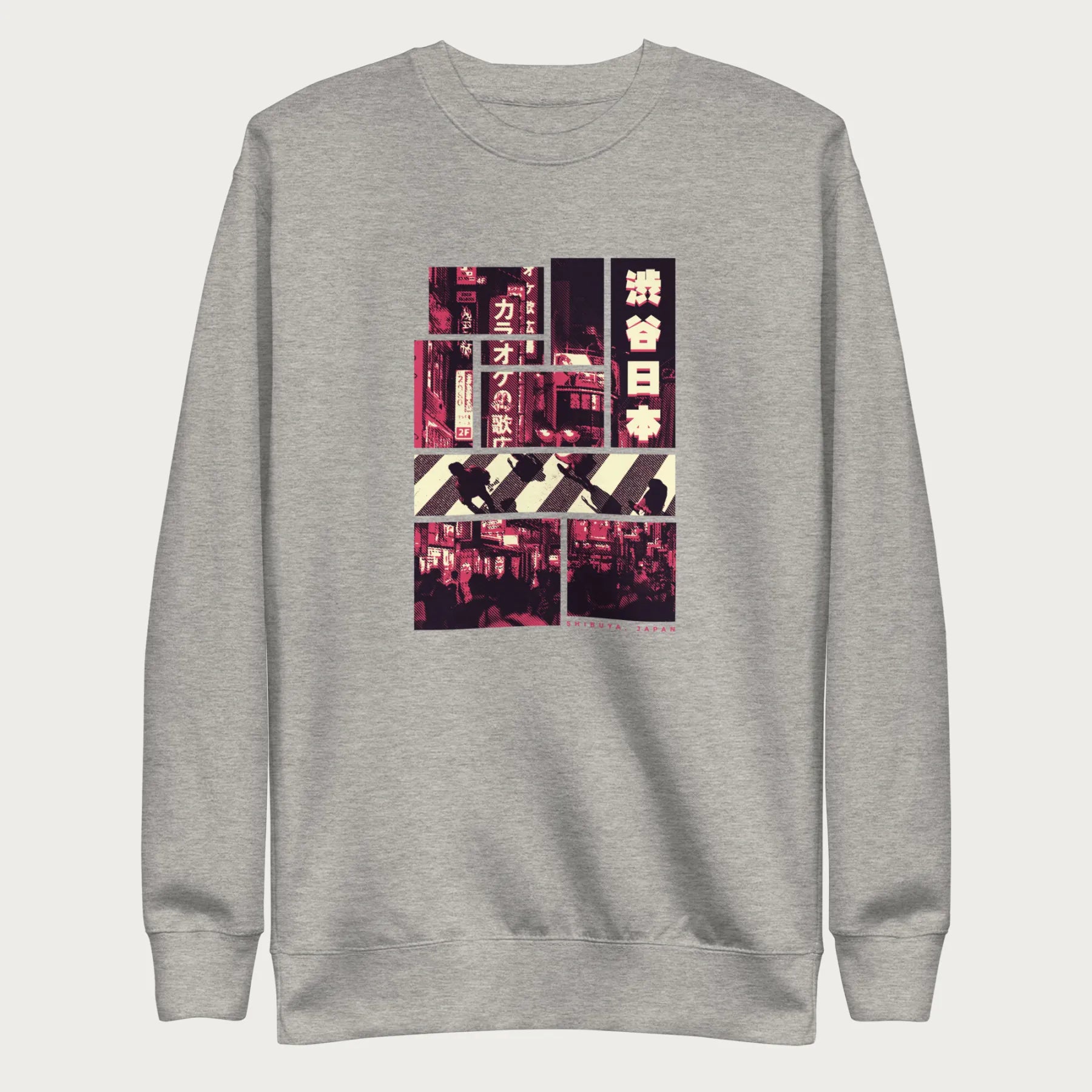 Light grey sweatshirt with a graphic panels of Shibuya's nightlife, featuring the iconic crosswalk, neon signs, and Japanese text.