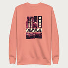 Light pink sweatshirt with a graphic panels of Shibuya's nightlife, featuring the iconic crosswalk, neon signs, and Japanese text.