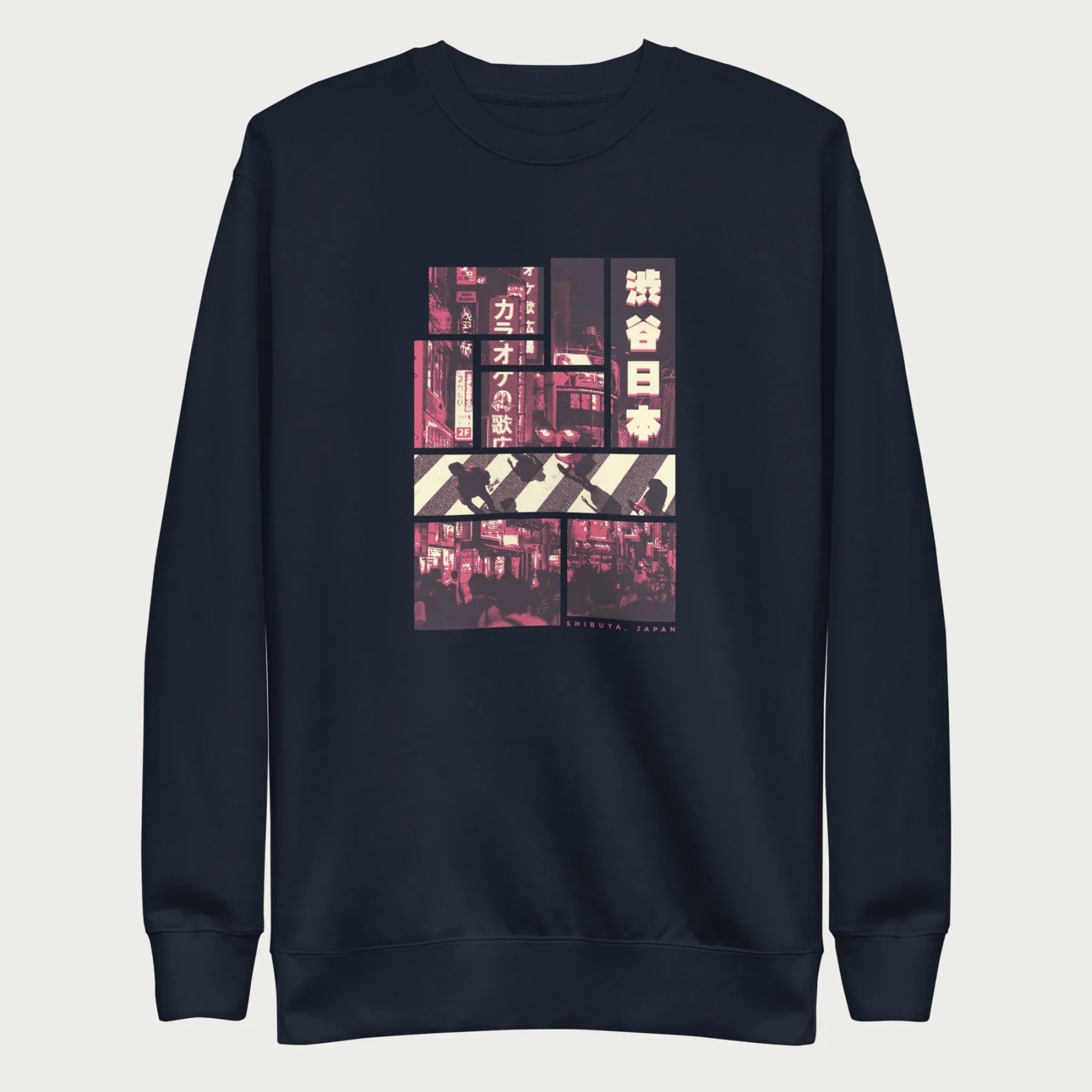 Navy blue sweatshirt with a graphic panels of Shibuya's nightlife, featuring the iconic crosswalk, neon signs, and Japanese text.