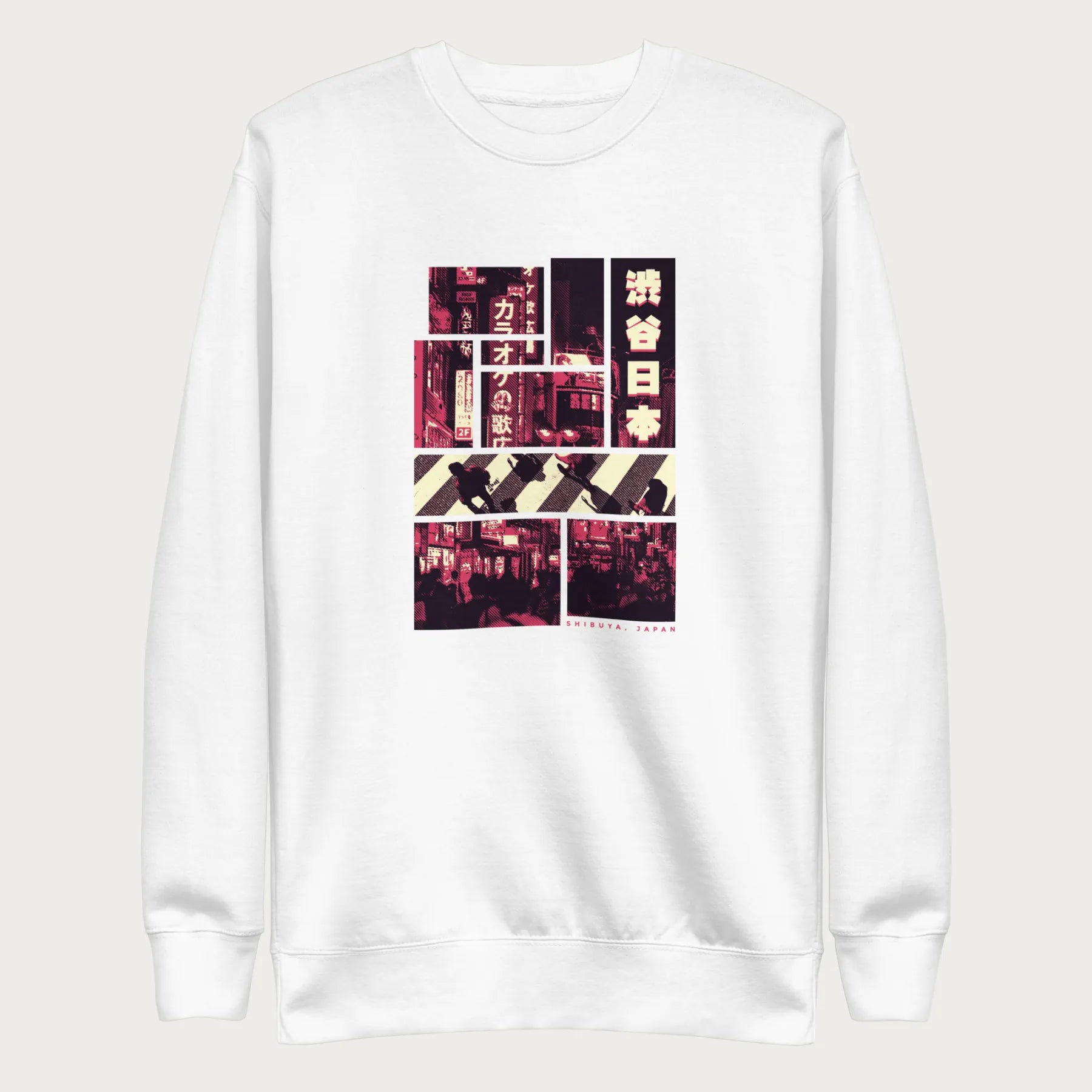 White sweatshirt with a graphic panels of Shibuya's nightlife, featuring the iconic crosswalk, neon signs, and Japanese text.