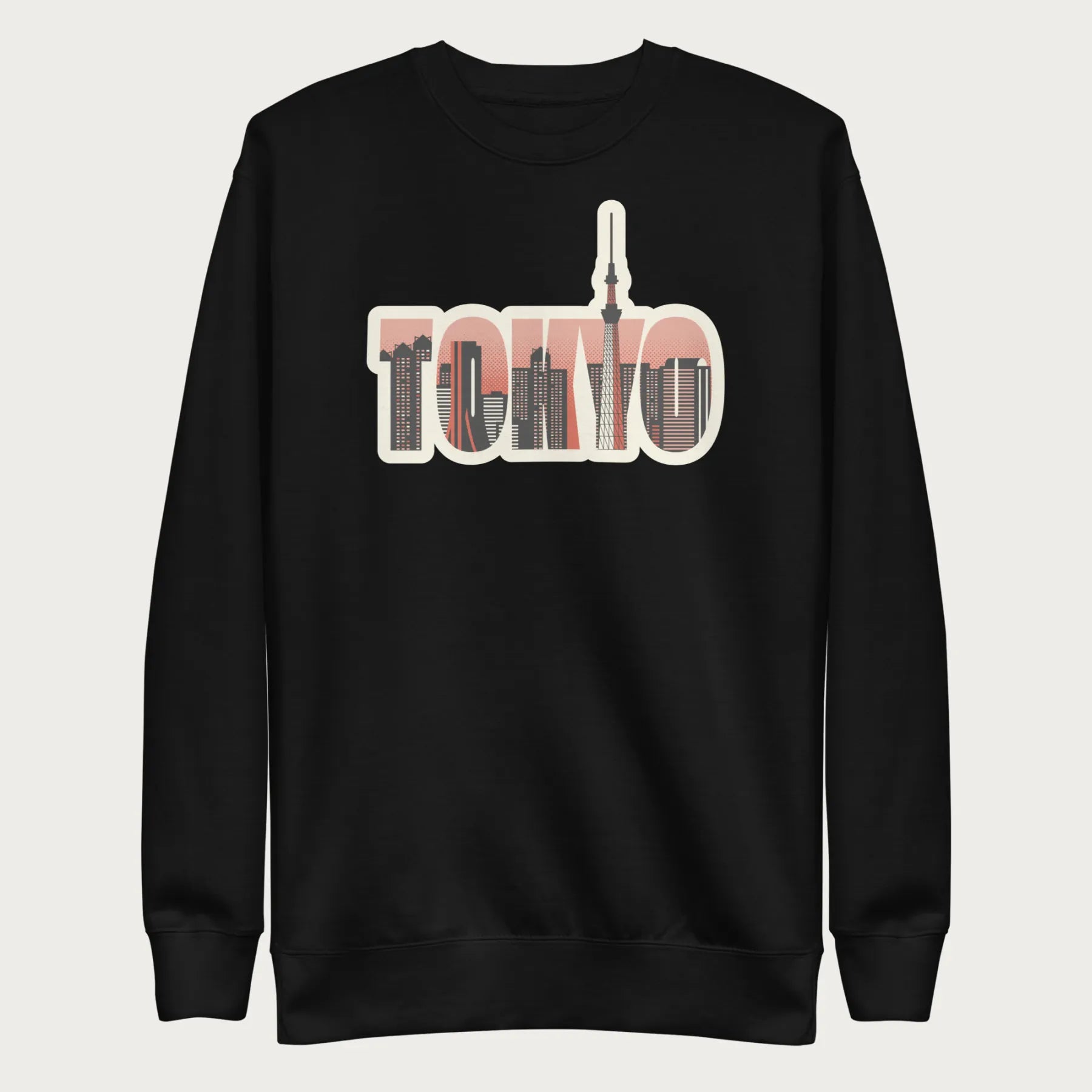 Black sweatshirt with a graphic of Tokyo's skyline integrated within the letters spelling "TOKYO."