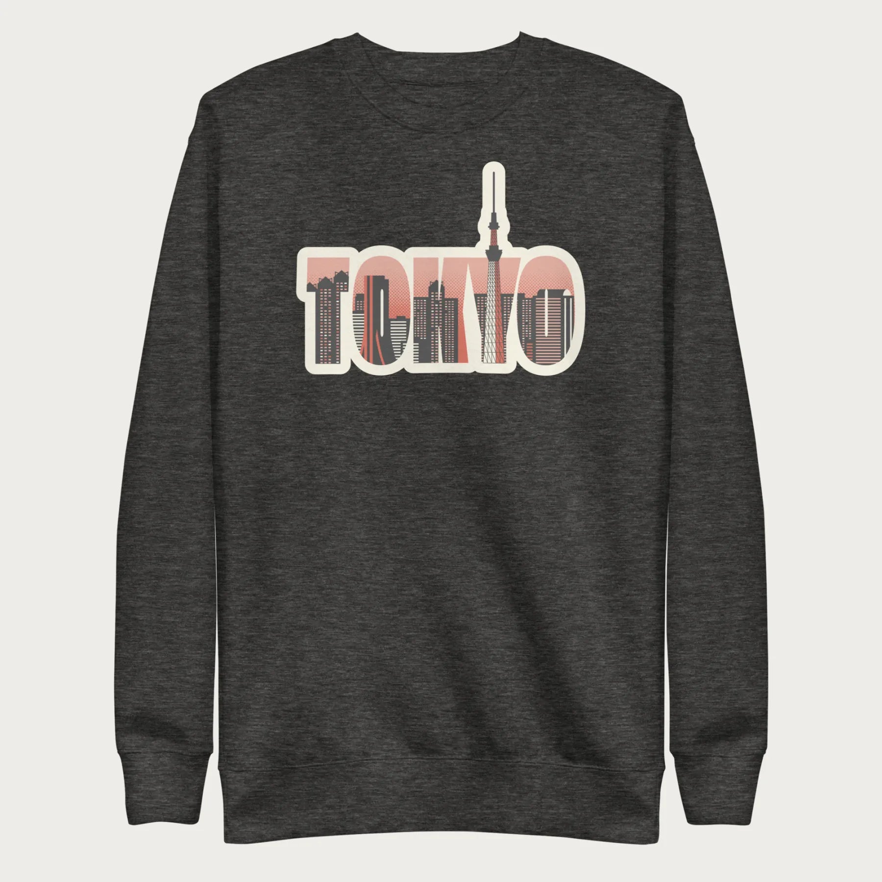 Dark grey sweatshirt with a graphic of Tokyo's skyline integrated within the letters spelling "TOKYO."