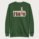 Forest green sweatshirt with a graphic of Tokyo's skyline integrated within the letters spelling "TOKYO."