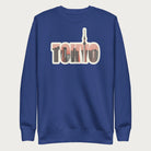 Royal blue sweatshirt with a graphic of Tokyo's skyline integrated within the letters spelling "TOKYO."