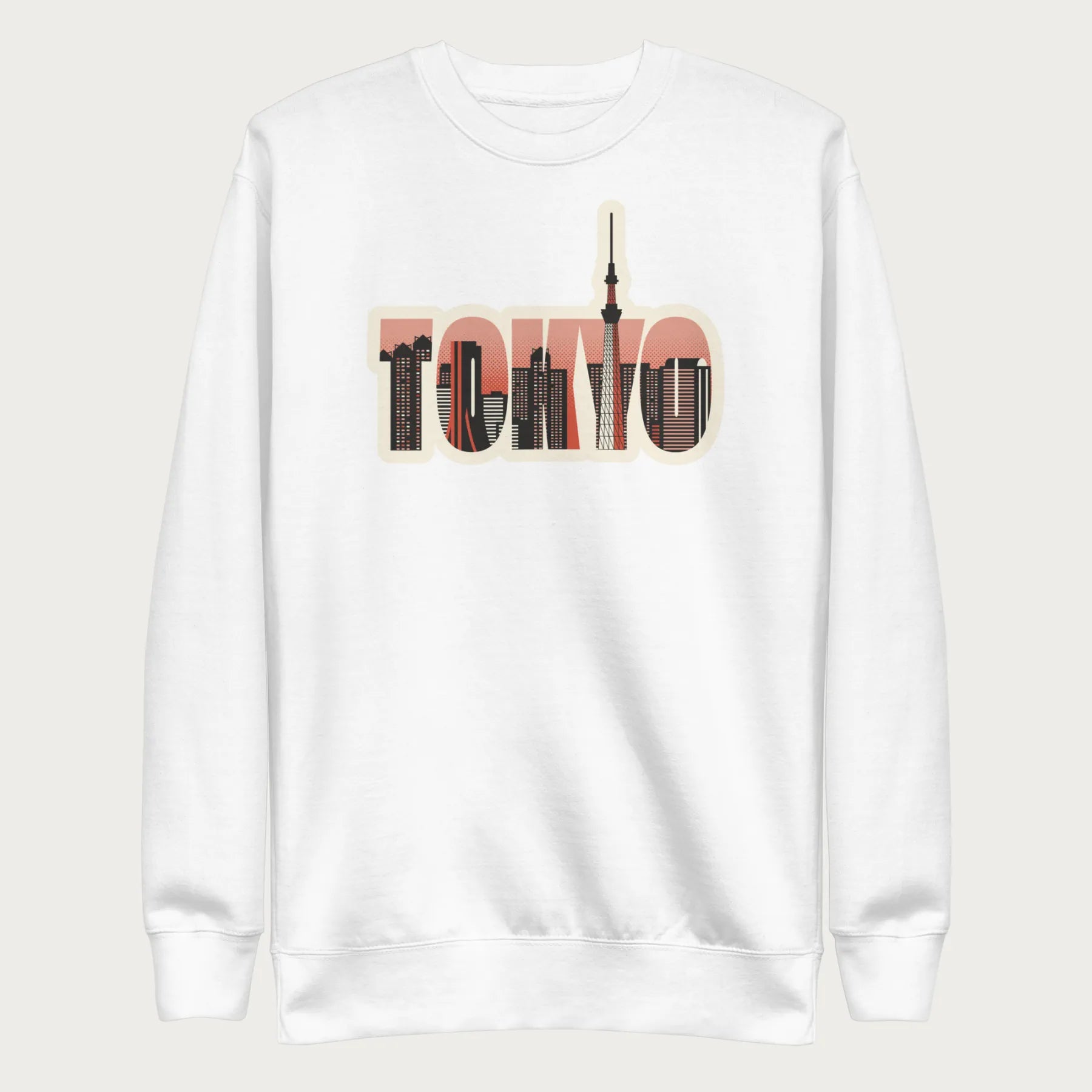 White sweatshirt with a graphic of Tokyo's skyline integrated within the letters spelling "TOKYO."