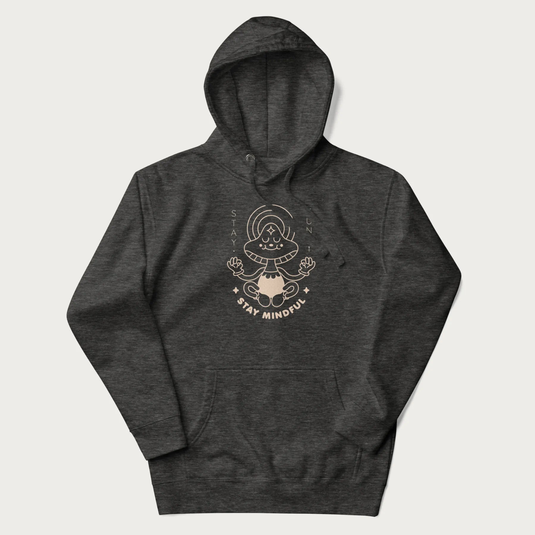 Dark grey hoodie with a graphic of a meditating mushroom character and the words 'Stay Fungi' and 'Stay Mindful'.