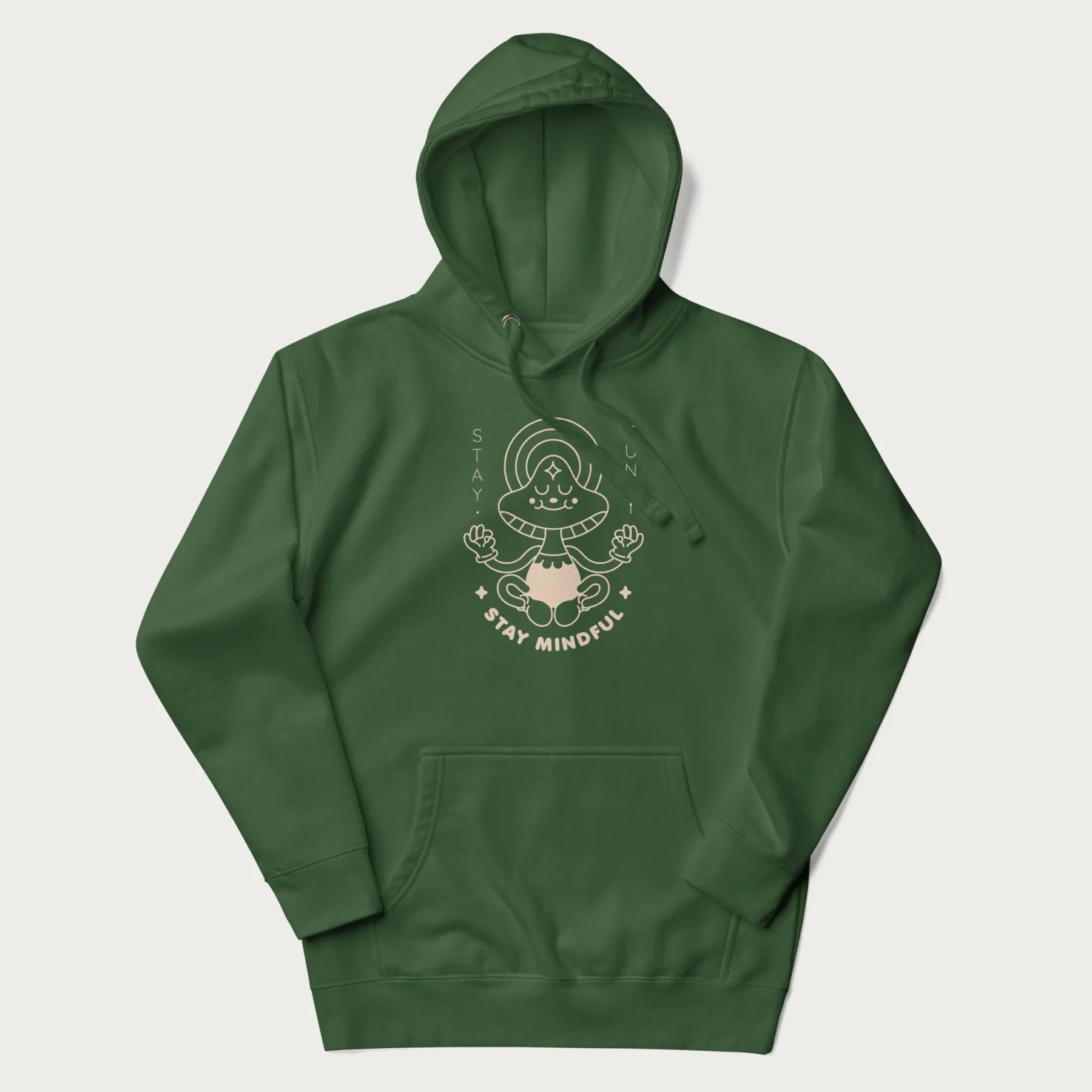 Forest green hoodie with a graphic of a meditating mushroom character and the words 'Stay Fungi' and 'Stay Mindful'.