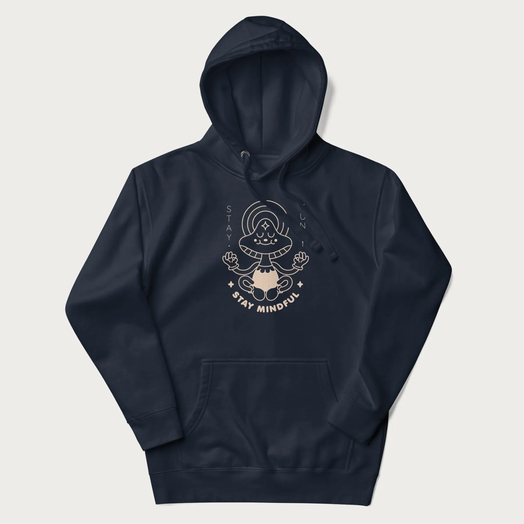 Navy blue hoodie with a graphic of a meditating mushroom character and the words 'Stay Fungi' and 'Stay Mindful'.