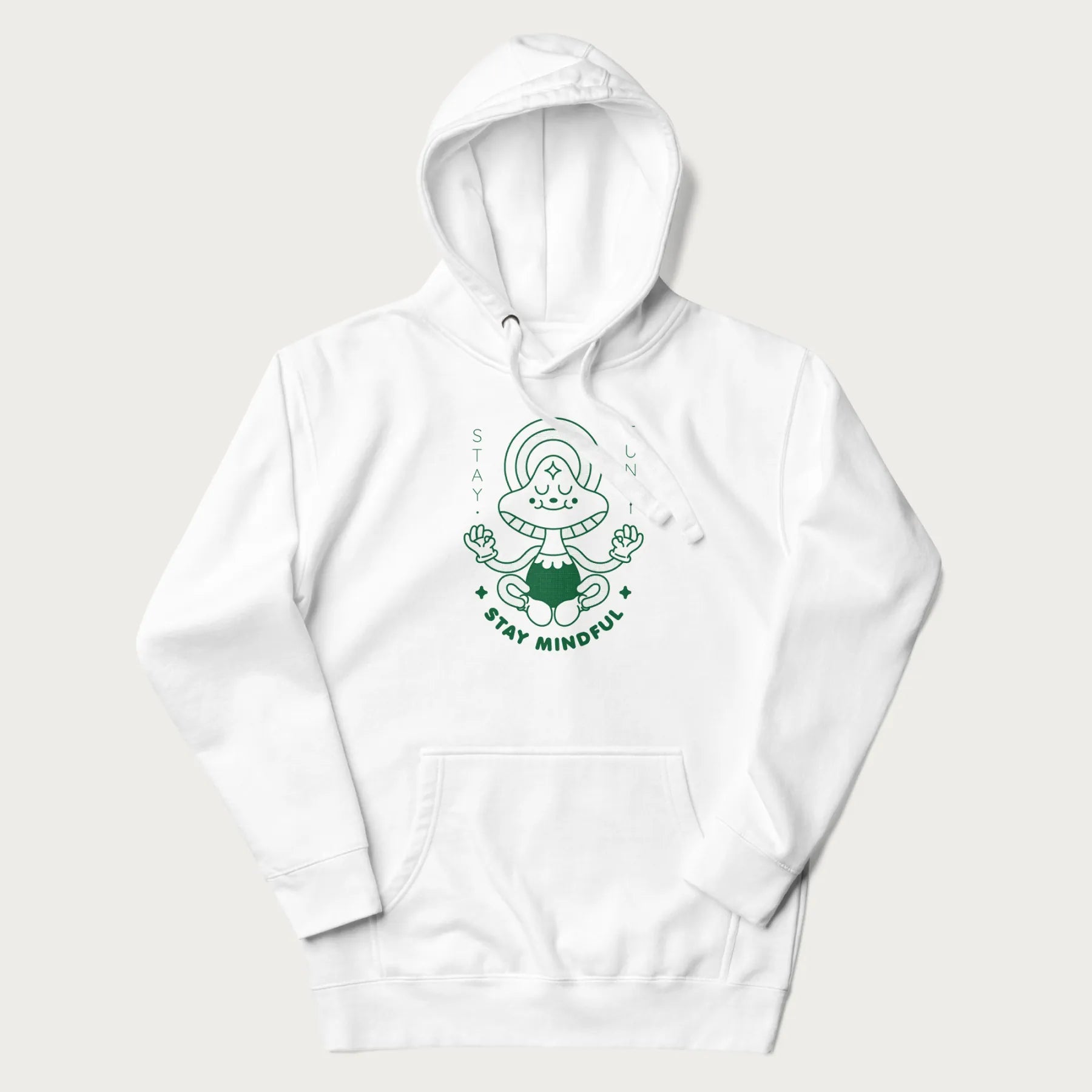 White hoodie with a graphic of a meditating mushroom character and the words 'Stay Fungi' and 'Stay Mindful'.