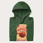 Folded forest green hoodie with a graphic of a character with a mushroom cap playing a guitar and the text 'Stay Trippy Little Hippie.'