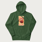 Forest green hoodie with a graphic of a character with a mushroom cap playing a guitar and the text 'Stay Trippy Little Hippie.'