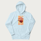 Light blue hoodie with a graphic of a character with a mushroom cap playing a guitar and the text 'Stay Trippy Little Hippie.'