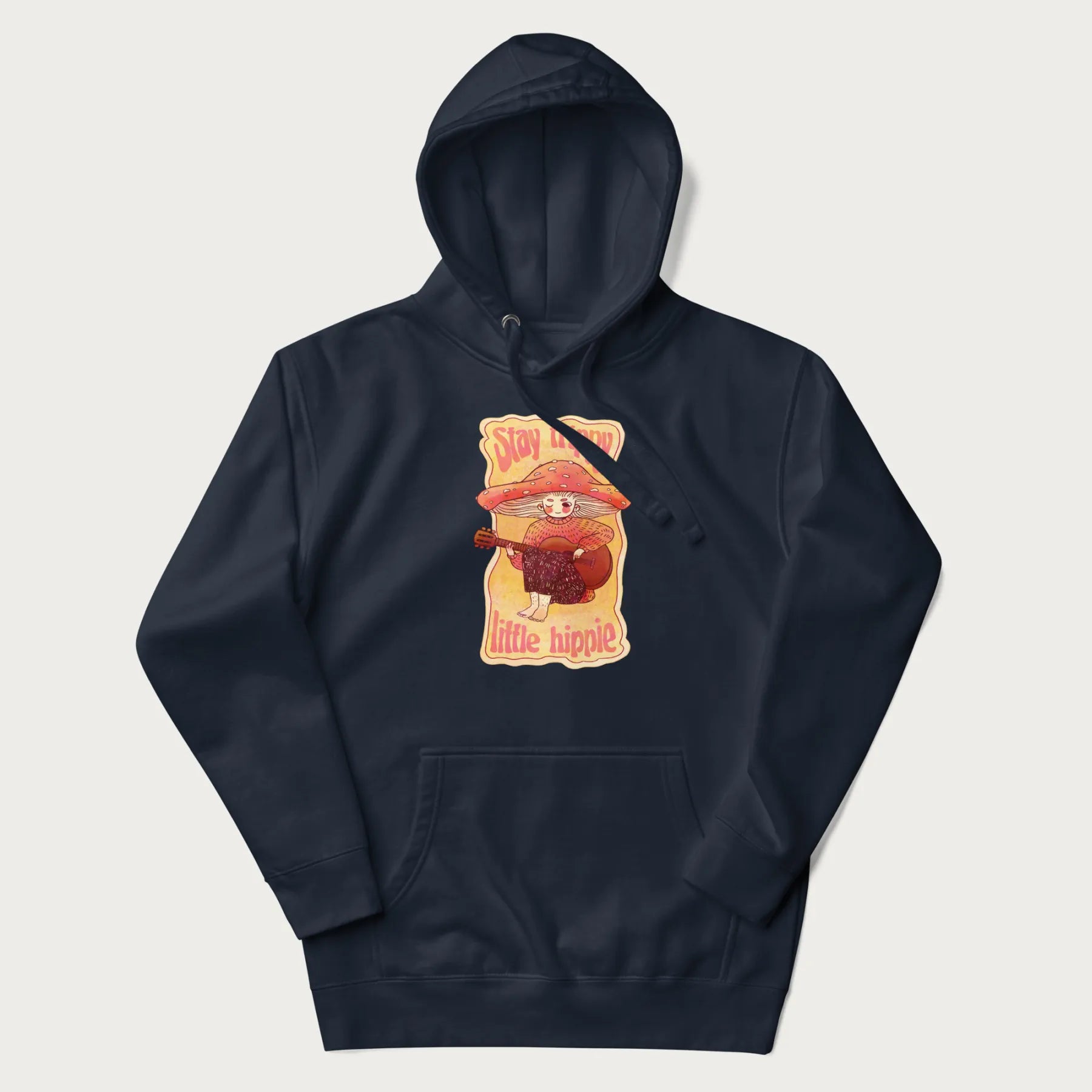 Navy blue hoodie with a graphic of a character with a mushroom cap playing a guitar and the text 'Stay Trippy Little Hippie.'
