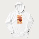 White hoodie with a graphic of a character with a mushroom cap playing a guitar and the text 'Stay Trippy Little Hippie.'