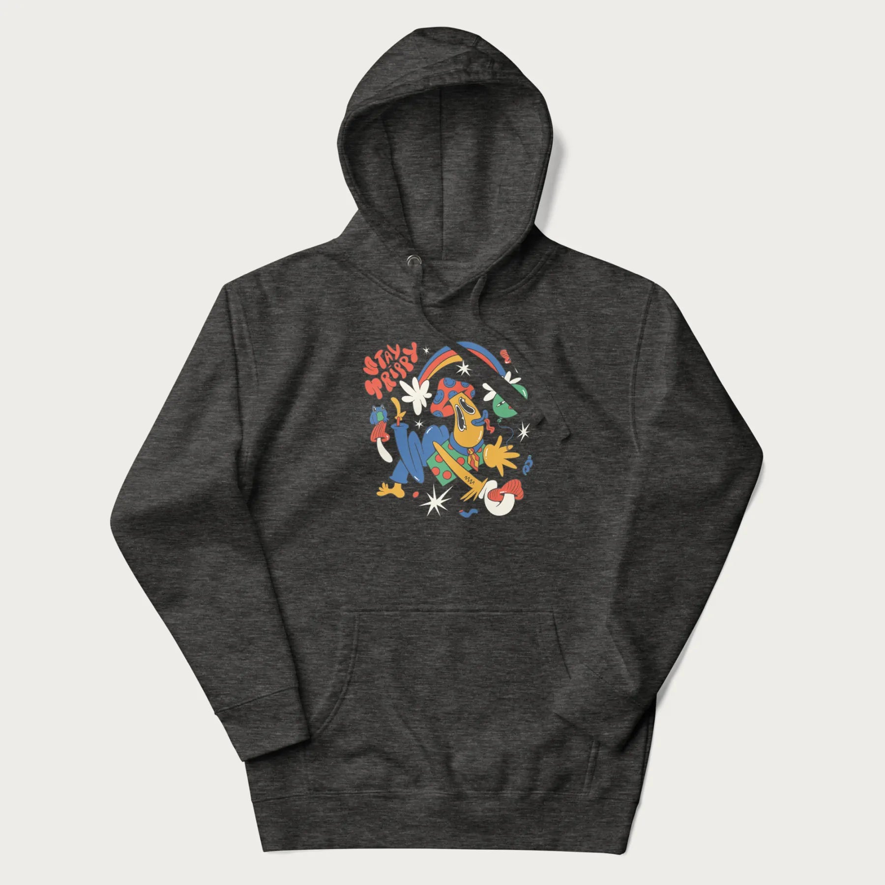 Dark grey trippy hoodie featuring a colorful psychedelic design with playful characters and the text "Stay Trippy".