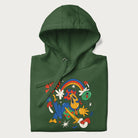 Folded forest green trippy hoodie featuring a colorful psychedelic design with playful characters and the text "Stay Trippy".