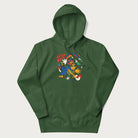 Forest green trippy hoodie featuring a colorful psychedelic design with playful characters and the text "Stay Trippy".