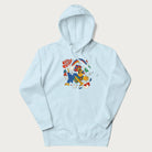 Light blue trippy hoodie featuring a colorful psychedelic design with playful characters and the text "Stay Trippy".