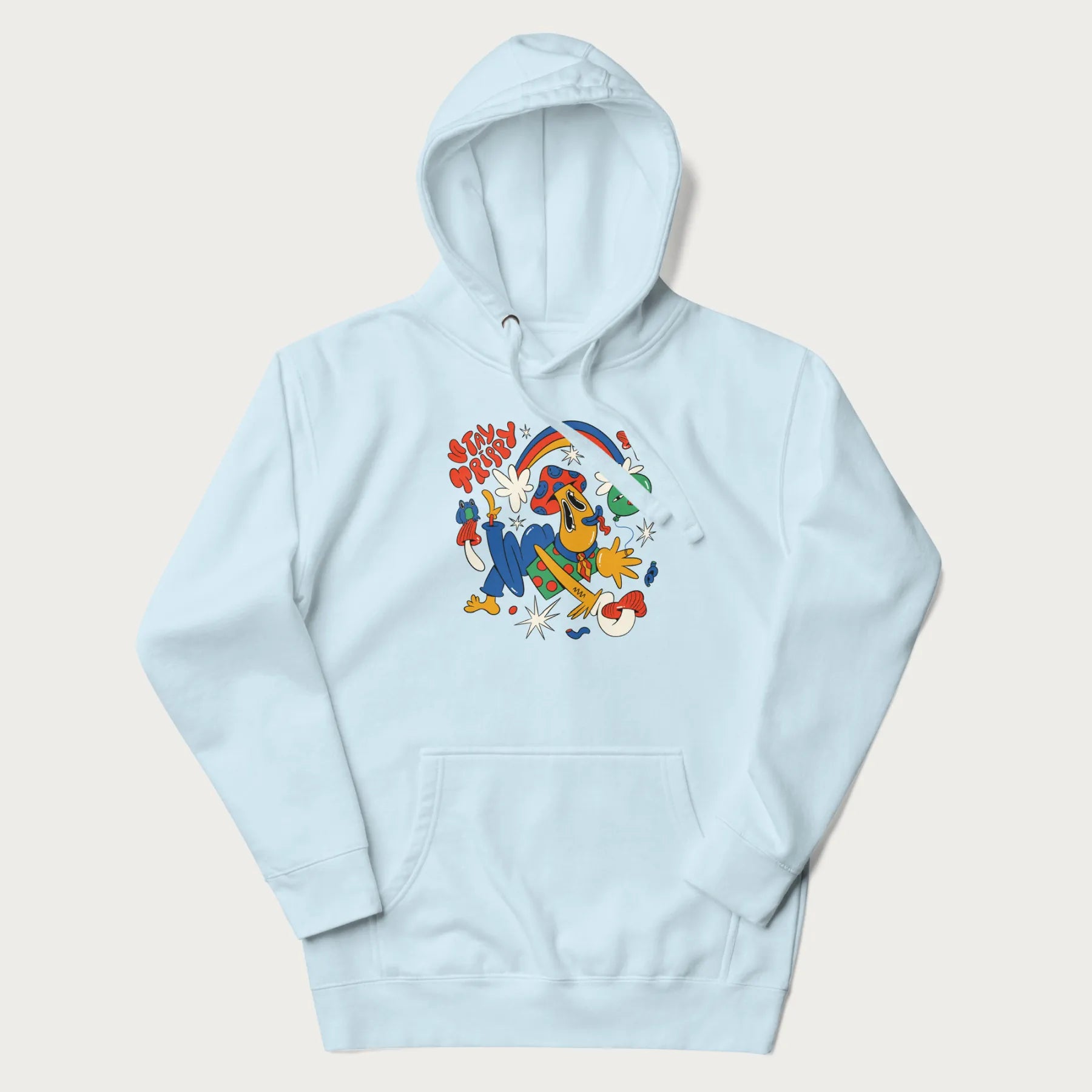 Light blue trippy hoodie featuring a colorful psychedelic design with playful characters and the text "Stay Trippy".