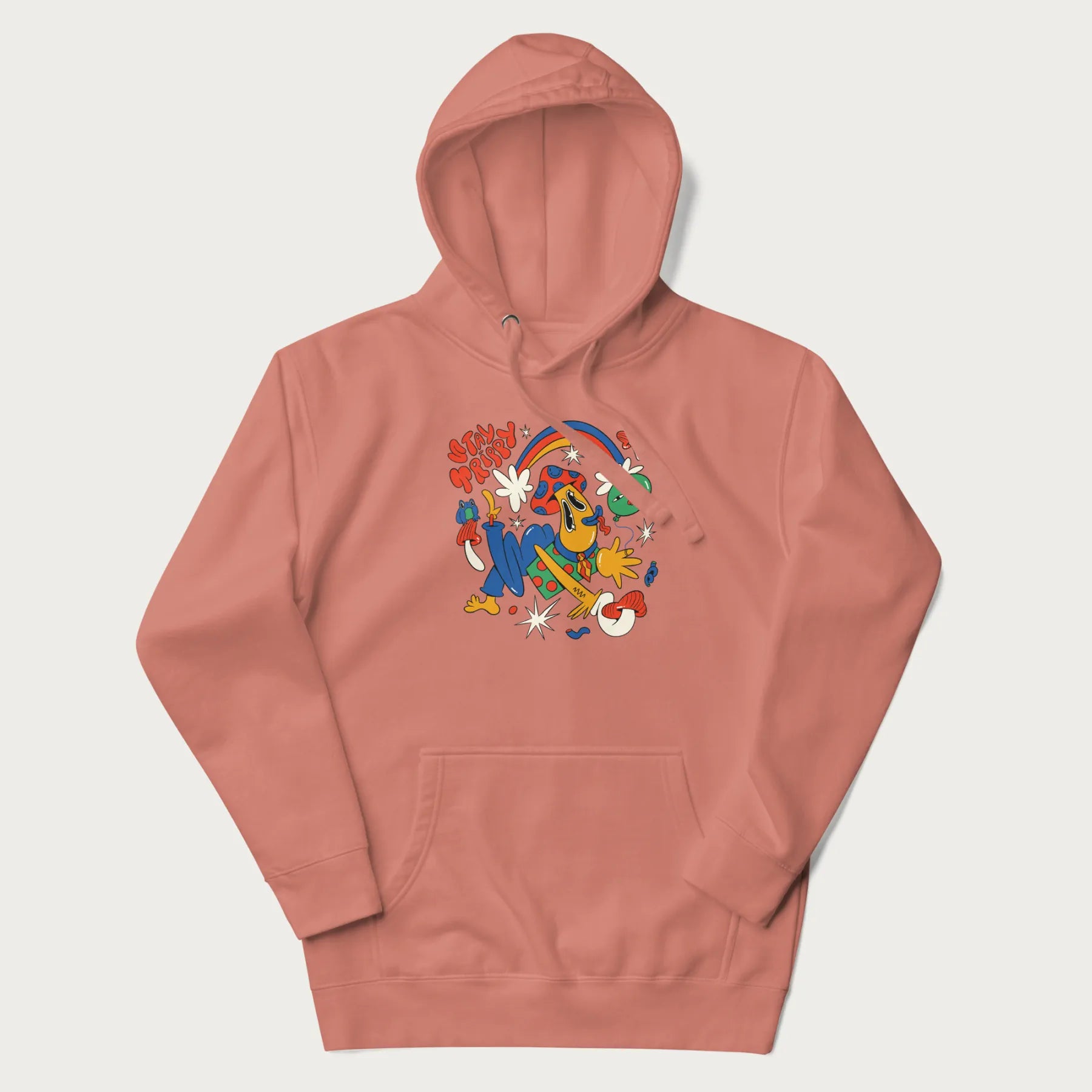 Light pink trippy hoodie featuring a colorful psychedelic design with playful characters and the text "Stay Trippy".