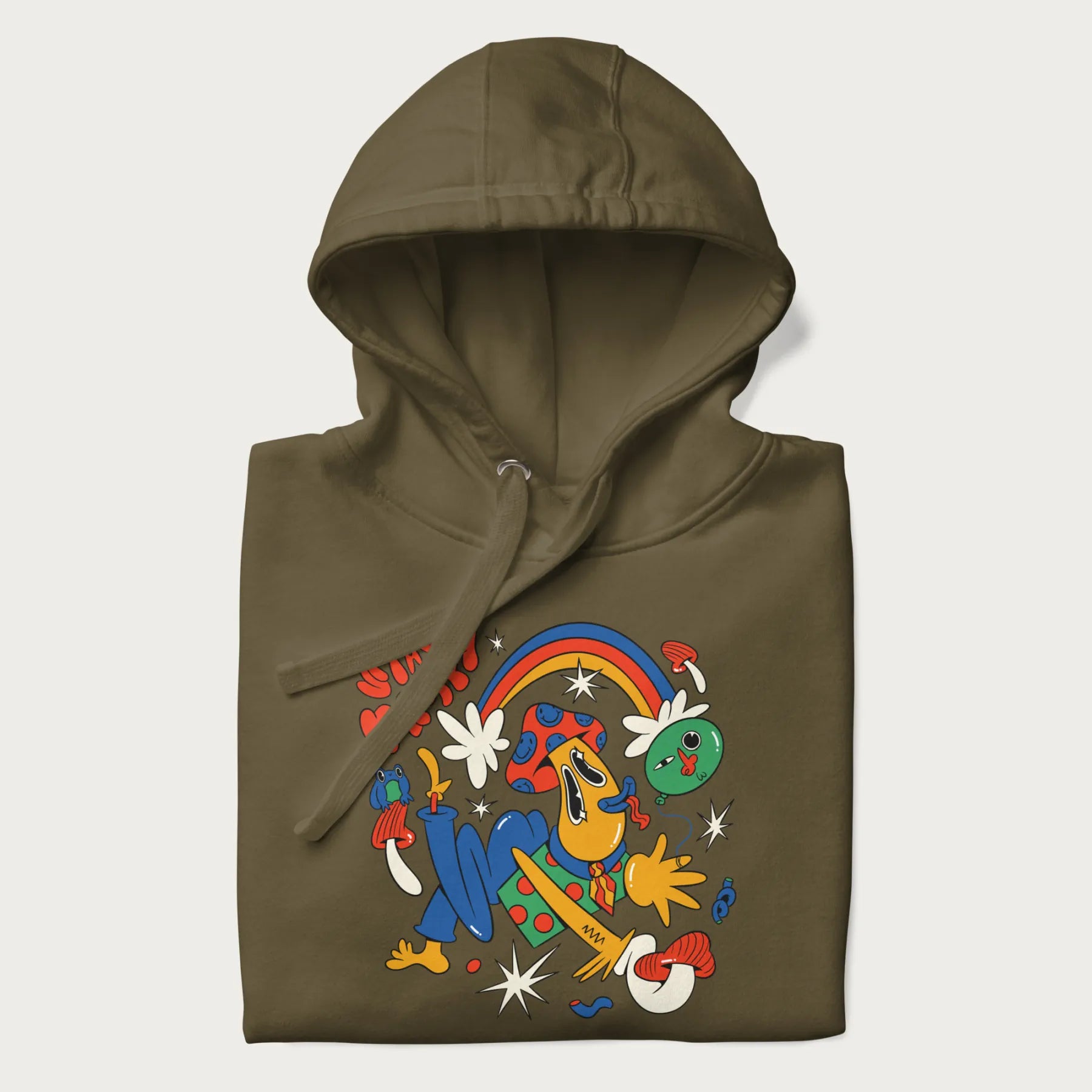 Folded military green trippy hoodie featuring a colorful psychedelic design with playful characters and the text "Stay Trippy".