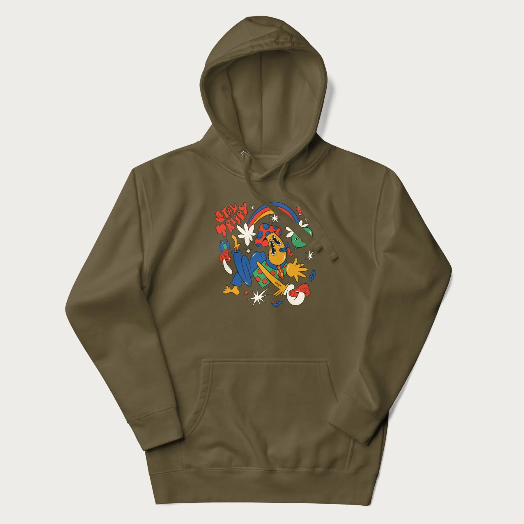 Military green trippy hoodie featuring a colorful psychedelic design with playful characters and the text "Stay Trippy".