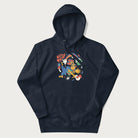 Navy blue trippy hoodie featuring a colorful psychedelic design with playful characters and the text "Stay Trippy".