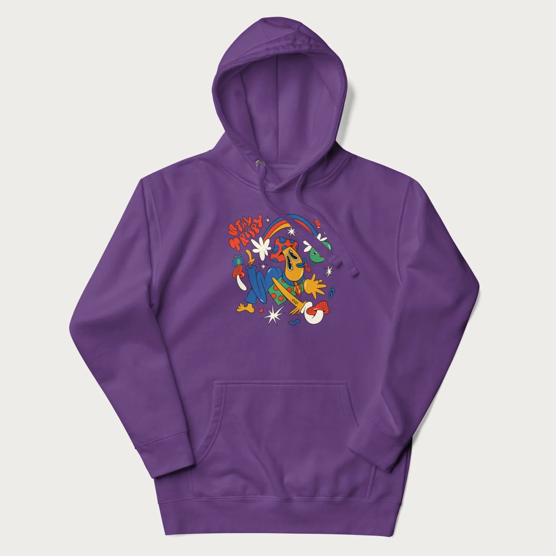 Purple trippy hoodie featuring a colorful psychedelic design with playful characters and the text "Stay Trippy".