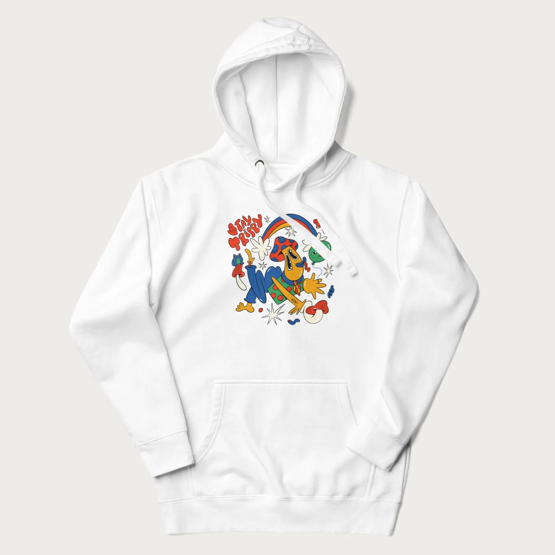 White trippy hoodie featuring a colorful psychedelic design with playful characters and the text "Stay Trippy".