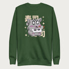 Forest green sweatshirt with Japanese text and a kawaii graphic of a cat eating sushi.