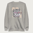 Light grey sweatshirt with Japanese text and a kawaii graphic of a cat eating sushi.