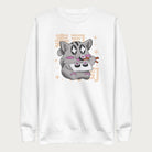 White sweatshirt with Japanese text and a kawaii graphic of a cat eating sushi.