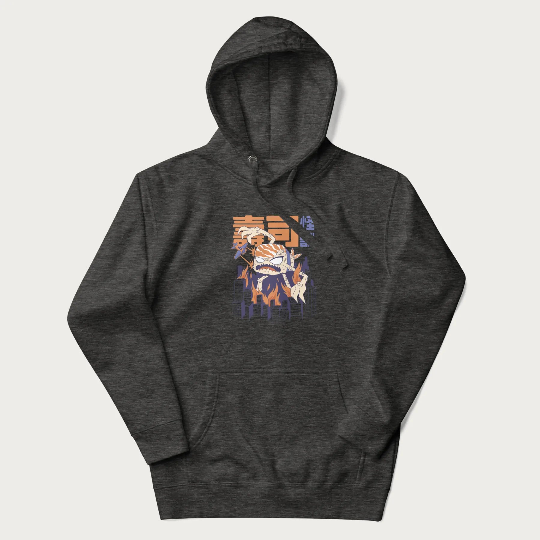 Dark grey hoodie with Japanese graphic of a sushi monster over a burning city with Japanese text.