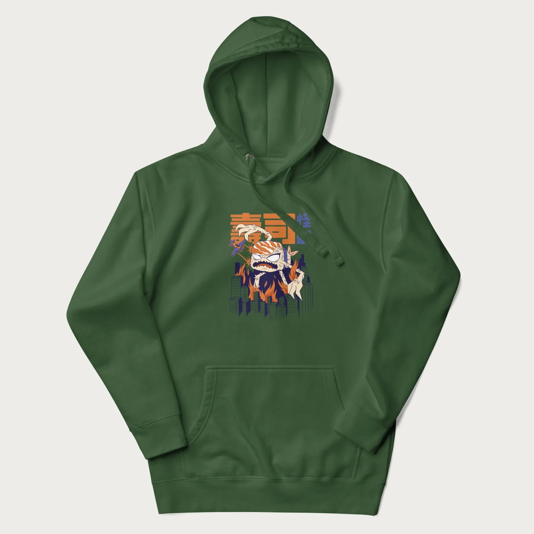 Forest green hoodie with Japanese graphic of a sushi monster over a burning city with Japanese text.