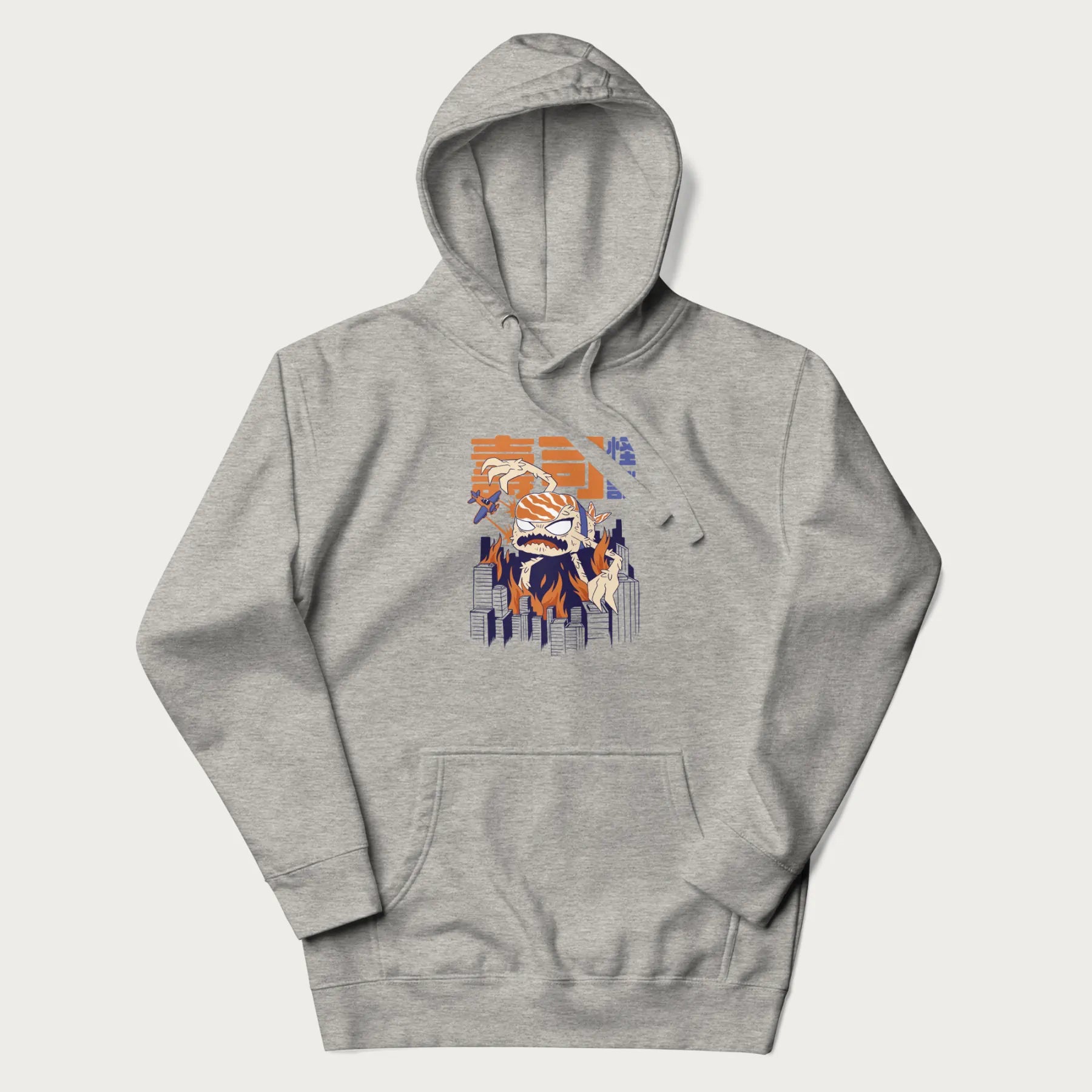 Light grey hoodie with Japanese graphic of a sushi monster over a burning city with Japanese text.