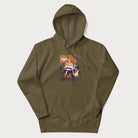 Military green hoodie with Japanese graphic of a sushi monster over a burning city with Japanese text.