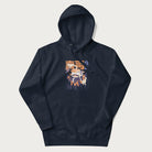 Navy blue hoodie with Japanese graphic of a sushi monster over a burning city with Japanese text.