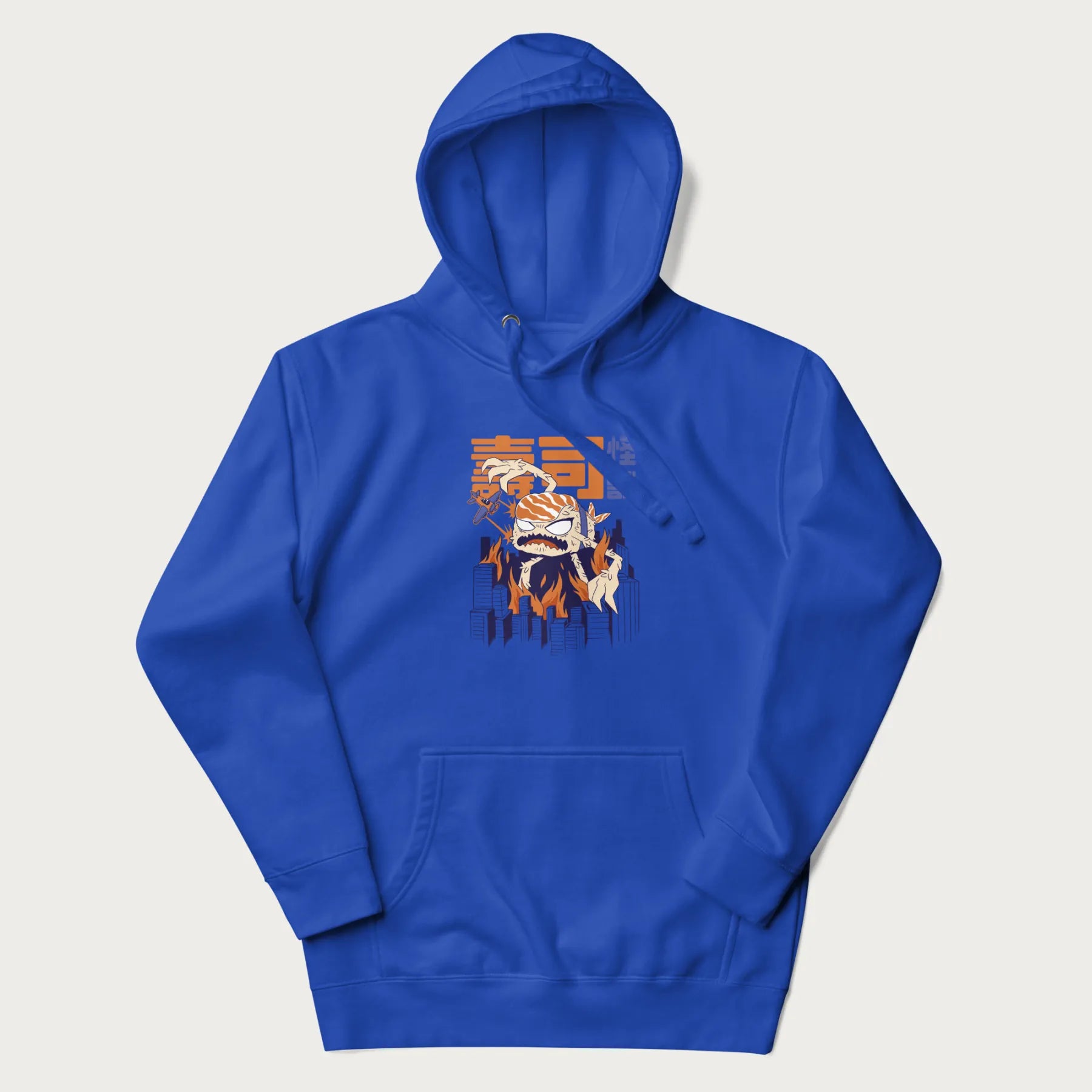 Royal blue hoodie with Japanese graphic of a sushi monster over a burning city with Japanese text.