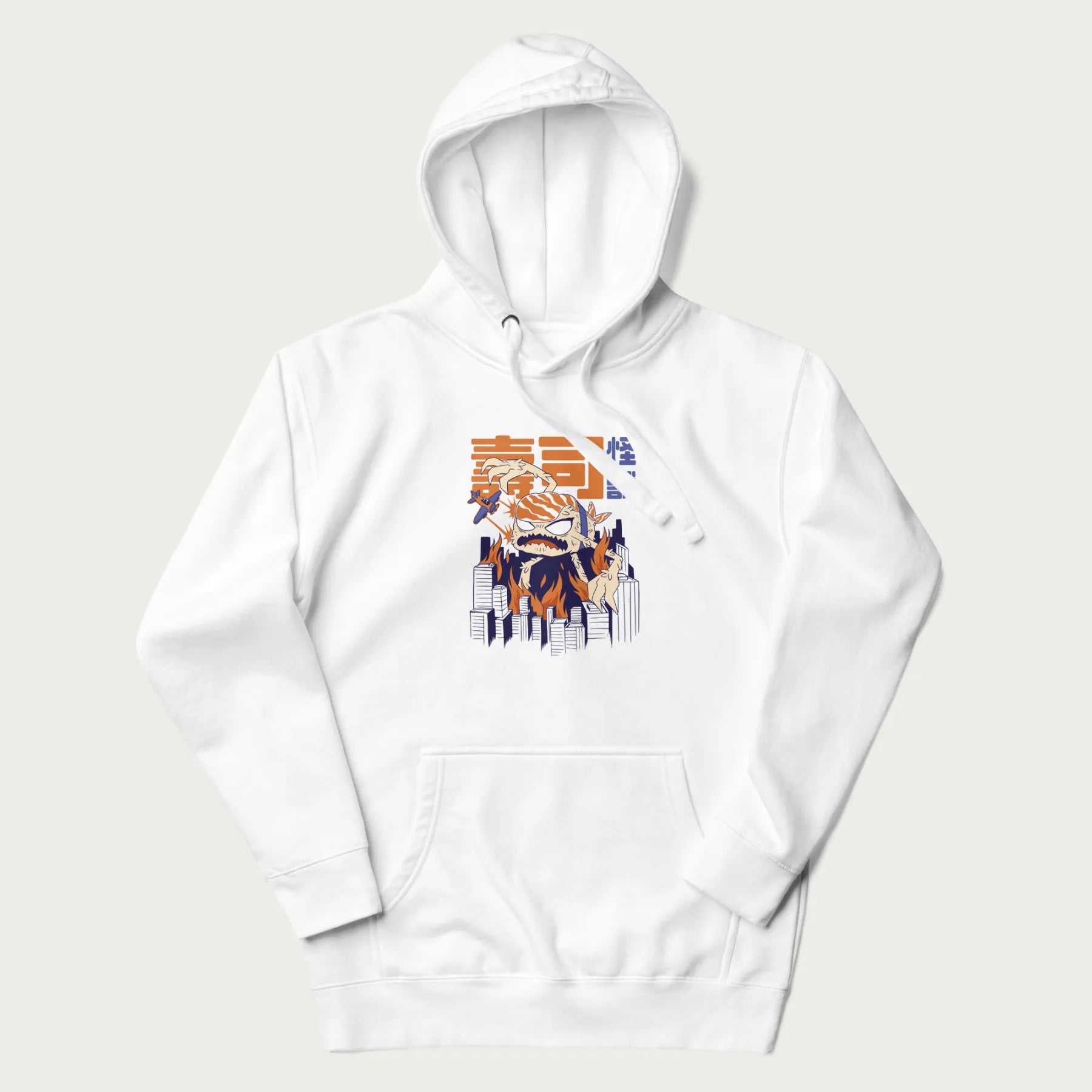 White hoodie with Japanese graphic of a sushi monster over a burning city with Japanese text.