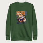 Forest green sweatshirt with a graphic of a monstrous sushi roll attacking a city and Japanese text.