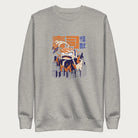 Light grey sweatshirt with a graphic of a monstrous sushi roll attacking a city and Japanese text.