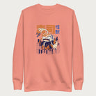 Light pink sweatshirt with a graphic of a monstrous sushi roll attacking a city and Japanese text.