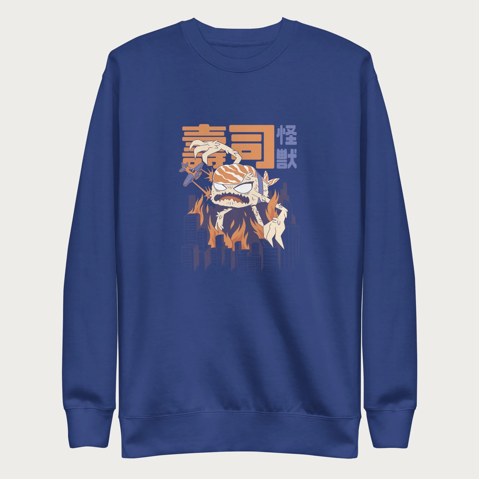 Royal blue sweatshirt with a graphic of a monstrous sushi roll attacking a city and Japanese text.